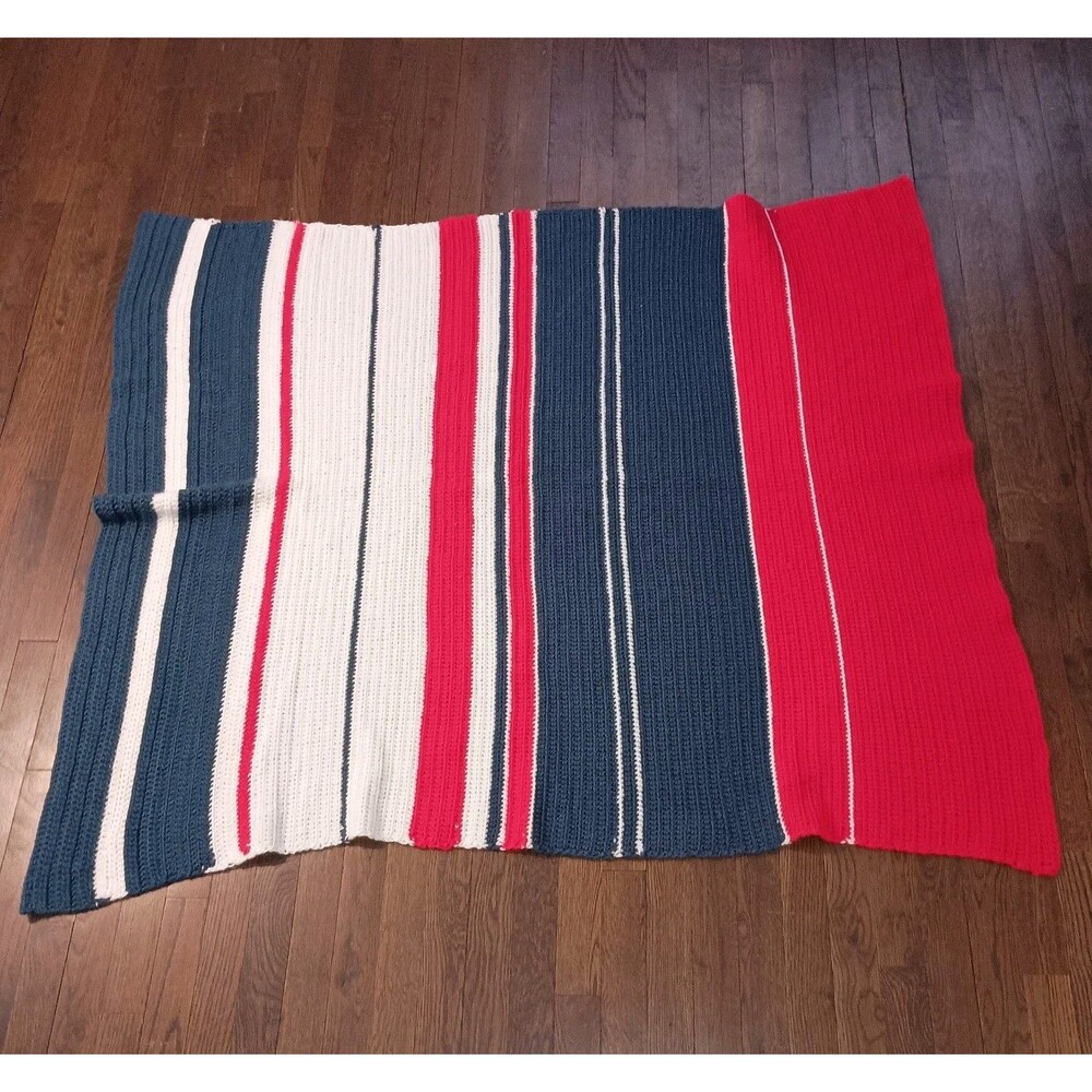 Vintage Hand Crocheted Afghan Throw Blanket Patriotic Red White Blue 43 x 53.5"